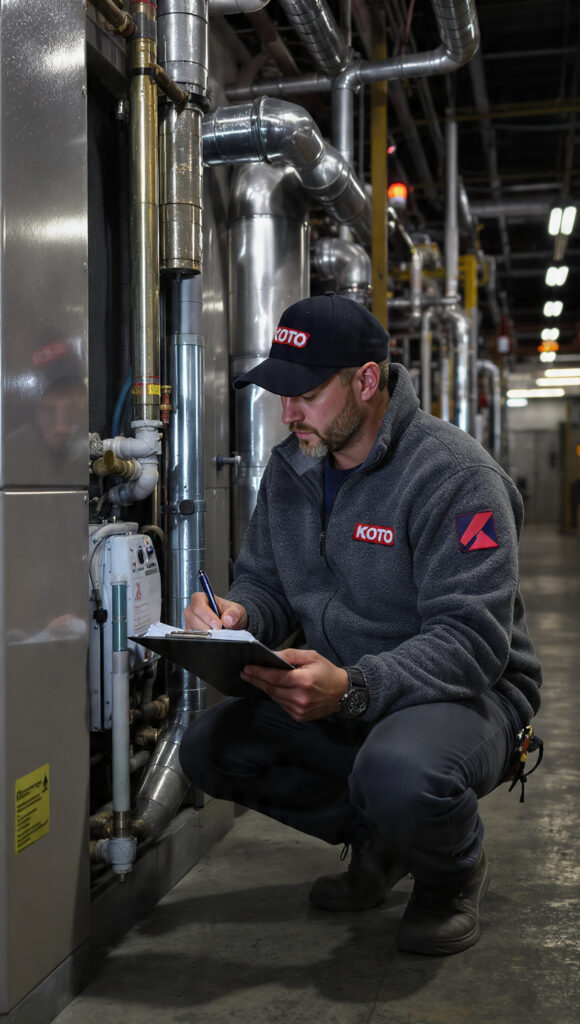 an hvac technician crouched in an industrial (1)
