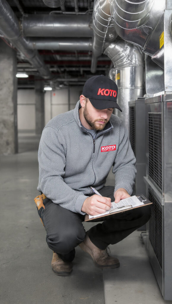 an hvac technician crouched in an industrial